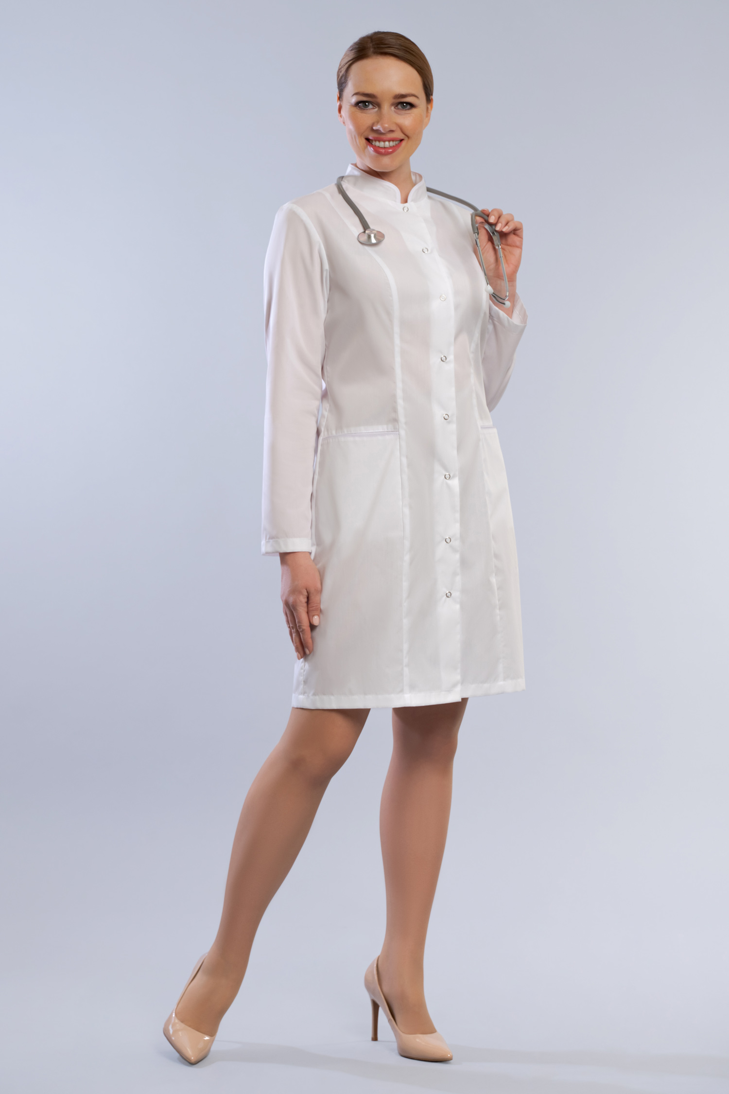 Красивый халатик на 44 размер. Халат медицинский приталенный. Медицинский халат женский с длинным рукавом. Костюм женский №455 (тк. 1/3011гост: 24760-81.